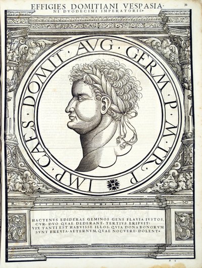 Domiciano, ilustración de Imperatorum romanorum omnium orientalium et occidentalium verissimae imagines ex antiquis numismatis, 1559 de Hans Rudolf Manuel Deutsch